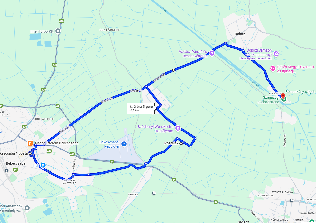 Egész napos kerékpártúra Pósteleken keresztül Békéscsabára és vissza 40 km