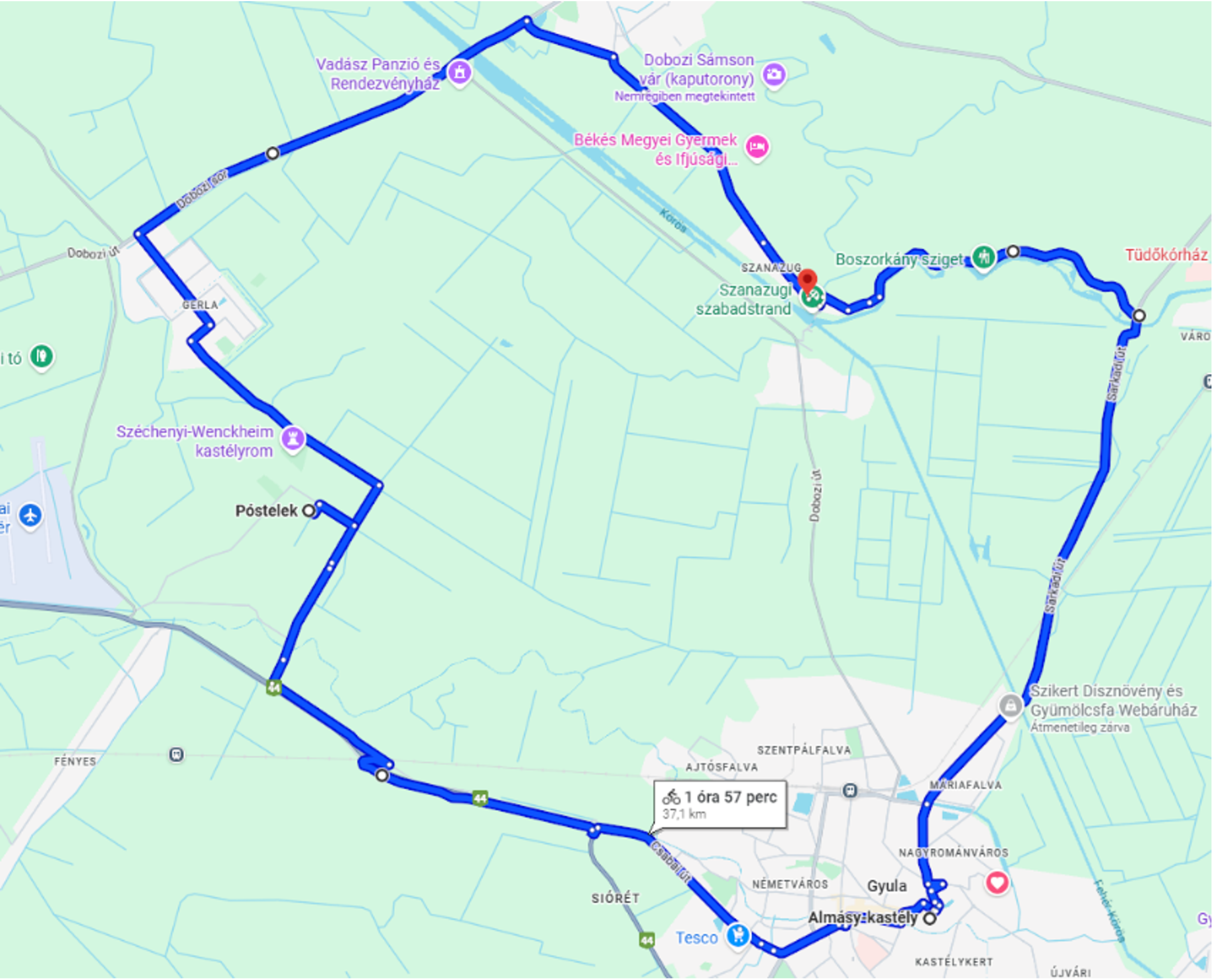 Egész napos kerékpártúra Póstelekre és Gyulára 40 km
